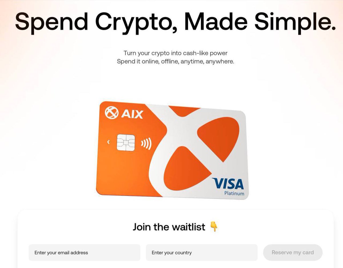 Web3Dhara's tweet photo. I've just joined the waitlist for the AIX Pay Visa Card this innovative card allows you to spend your crypto anywhere, turning it into cash-like power. Enjoy low fees and minimal KYC.
#Crypto #AIXPay #Web3 #SpendSmart
Join the waitlist now: https://t.co/LfoHdu0E7Y https://t.co/I1IswkBM40