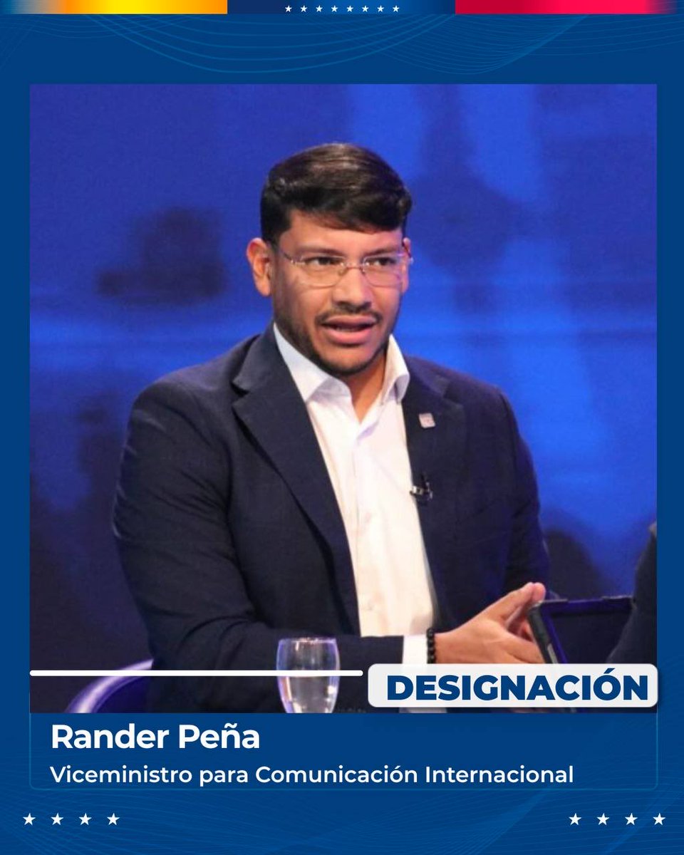 He designado a Rander Peña como Viceministro para Comunicación Internacional. Sé que, con su experiencia y capacidades demostradas, llevará la verdad de Venezuela ante los pueblos. Agradecemos a Camilla Fabri de Saab por su desempeño al frente de este Despacho.