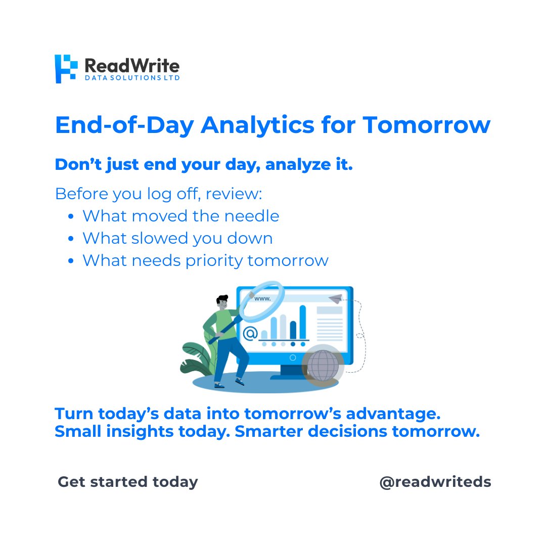 ReadWriteDS's tweet photo. End your day with insights  Review your data, identify gaps, and plan tomorrow with clarity.

#DailyAnalytics #DataReflection #SmartPlanning #ReadwriteDataDS https://t.co/lYpAtu2Ac5