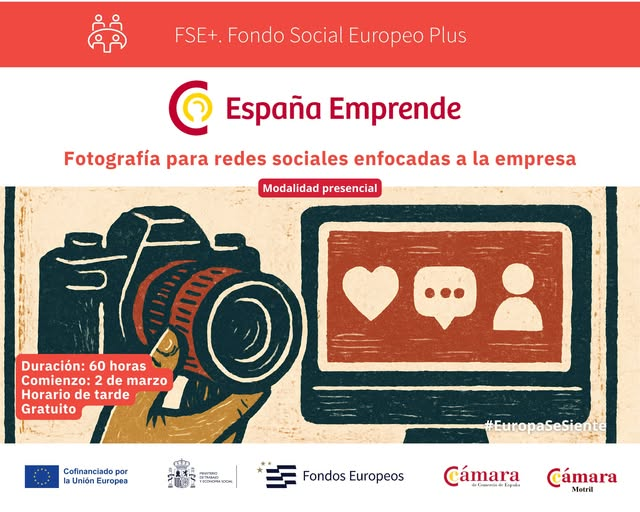 ⭐Curso 'Fotografía para redes sociales enfocadas a la empresa'
📌Programa España Emprende
👉Presencial
👉Gratuito para emprendedores
⏱Duración: 60h
Del 02/03 al 25/03
L a J 15:30 a 19:30h
✅Inscripciones
forms.gle/q2HtdwtXMCRXnh…
🎯formacion@camarademotril.es
🎯638 42 45 40
