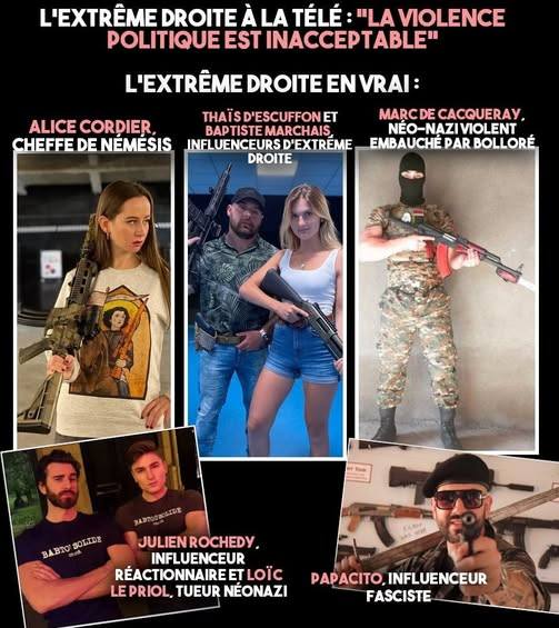N'oubliez pas que les violents c'est l'extrême droite.
Que les armes de guerre, c'est l'extrême droite.
On vous voit les terroristes du <a href="/Coll_Nemesis/">Collectif Némésis</a> .