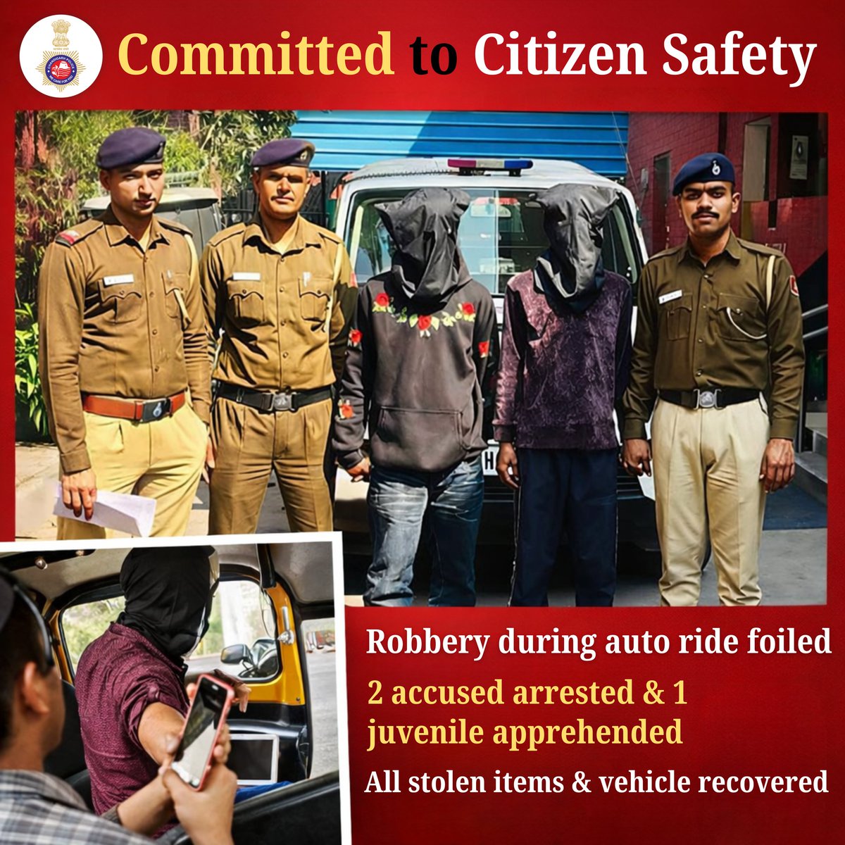 ChdPol's tweet photo. Zero tolerance against crime.
PS-Industrial Area of Chandigarh Police solves robbery case.
2 arrested | 1 juvenile apprehended.
📱 iPhone, 💻 laptop &amp; 🚖 auto recovered ✅ #ActionAgainstCrime
#ChandigarhPolice #CitizenSafety https://t.co/VgWlOwRe83