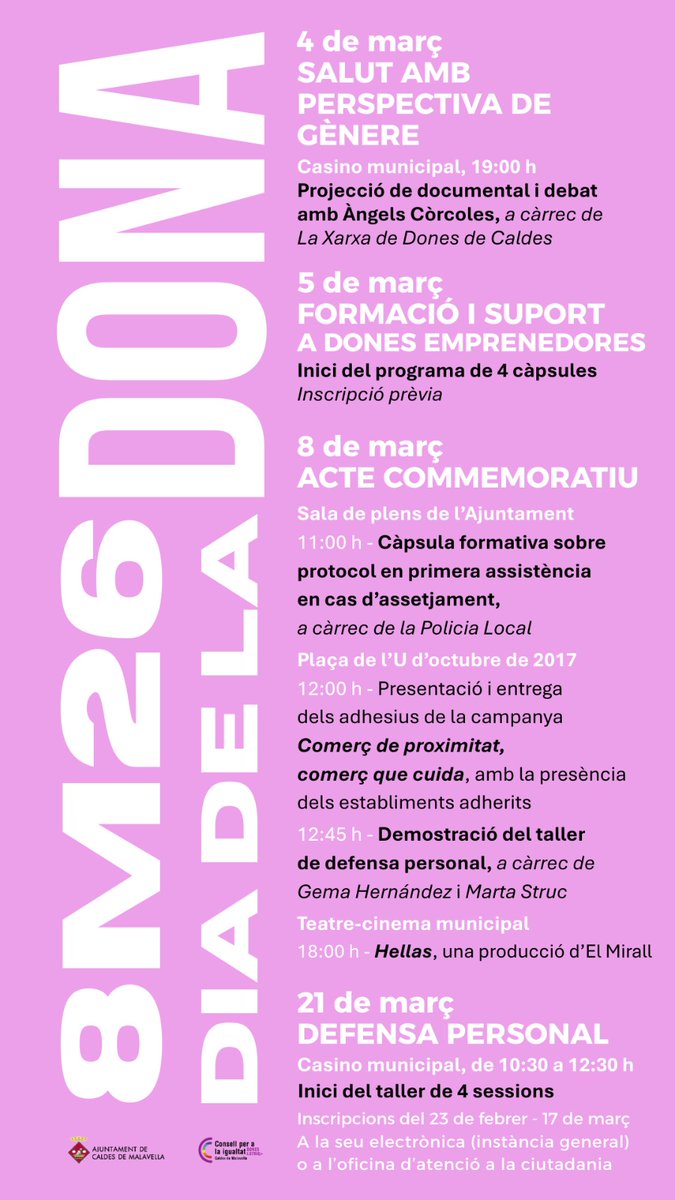 💜 #CaldesdeMalavella commemora el 8M, Dia Internacional de la Dona
Al llarg de tot el mes de març, l’Àrea d’Igualtat, amb la col·laboració d’entitats, organitza un conjunt d’activitats per reflexionar sobre les desigualtats que encara viuen les dones
caldesdemalavella.cat/index.php/ca/h…