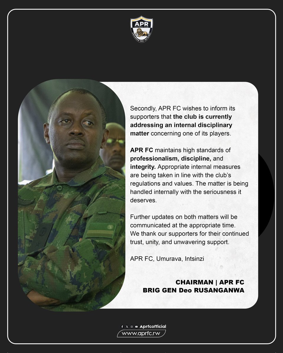 OFFICIAL MESSAGE TO THE APR FC FAMILY FROM CHAIRMAN. 
-BRIG GEN Deo RUSANGANWA 

#APRFC
#CLUBGIANT