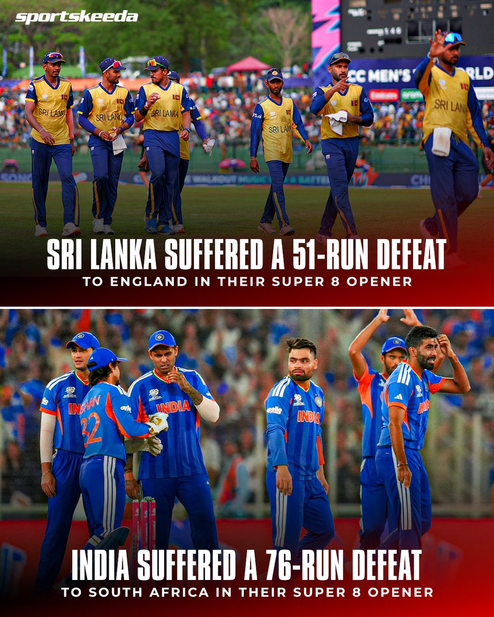 Sportskeeda's tweet photo. Not the start the hosts were hoping for. ❌
Big defeats for Sri Lanka and India in their Super 8 openers. 😬👀
#INDvSA #SLvENG #T20WorldCup #Sportskeeda https://t.co/wE2gA2YlgO