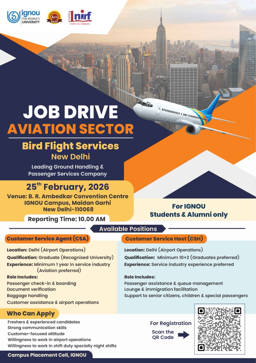 Upcoming Placement Drive on 25.02.2026 @ IGNOU Hqrs New Delhi