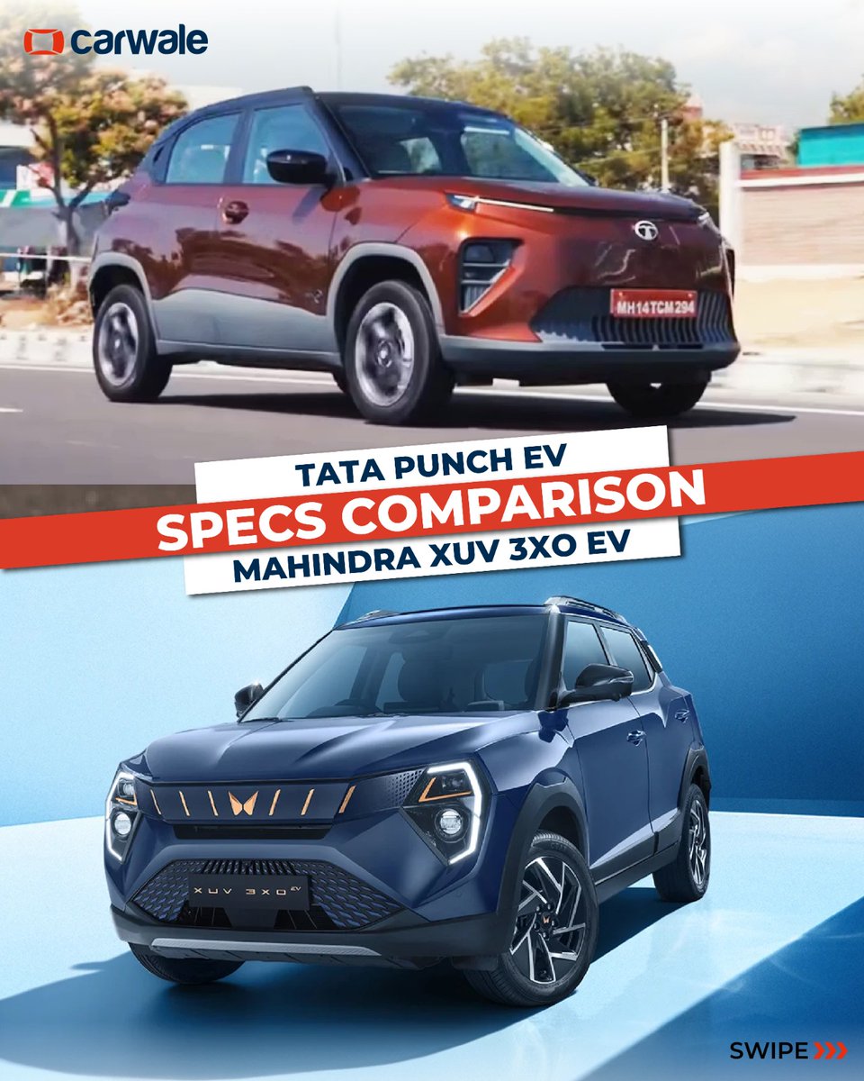 CarWale's tweet photo. Tata Punch EV vs Mahindra XUV 3XO EV ⚡
Two compact EVs. Two different personalities. One detailed comparison to help you pick your perfect electric companion.
#tata #punchev #tatapunchev #mahindra #xuv3xo #mahindraxuv3xoev #cwactivity #cwcomparison #cars https://t.co/bhOGfHfhBU