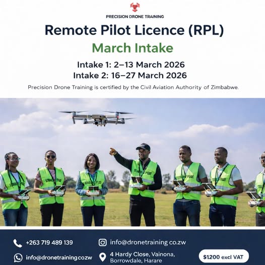 🔴#SPONSORED
▶️Sign up today for the Remote Pilot Licence training brought to you by Precision Drone Training.
▶️ The training school is certified by the Civil Aviation Authority of Zimbabwe
📓Next class:
2 - 13 March 2026 (Intake 1).
16 - 27 March 2026 (Intake 2)