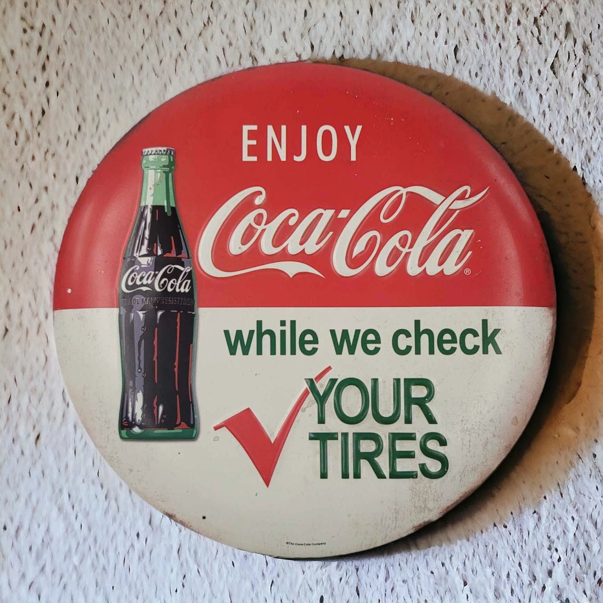 arlissbryant's tweet image. Enjoy Coca-Cola Button Sign Round 12" Check Your Tires tuppu.net/707da08b #Etsy #kitchenconnection #Coca-Cola