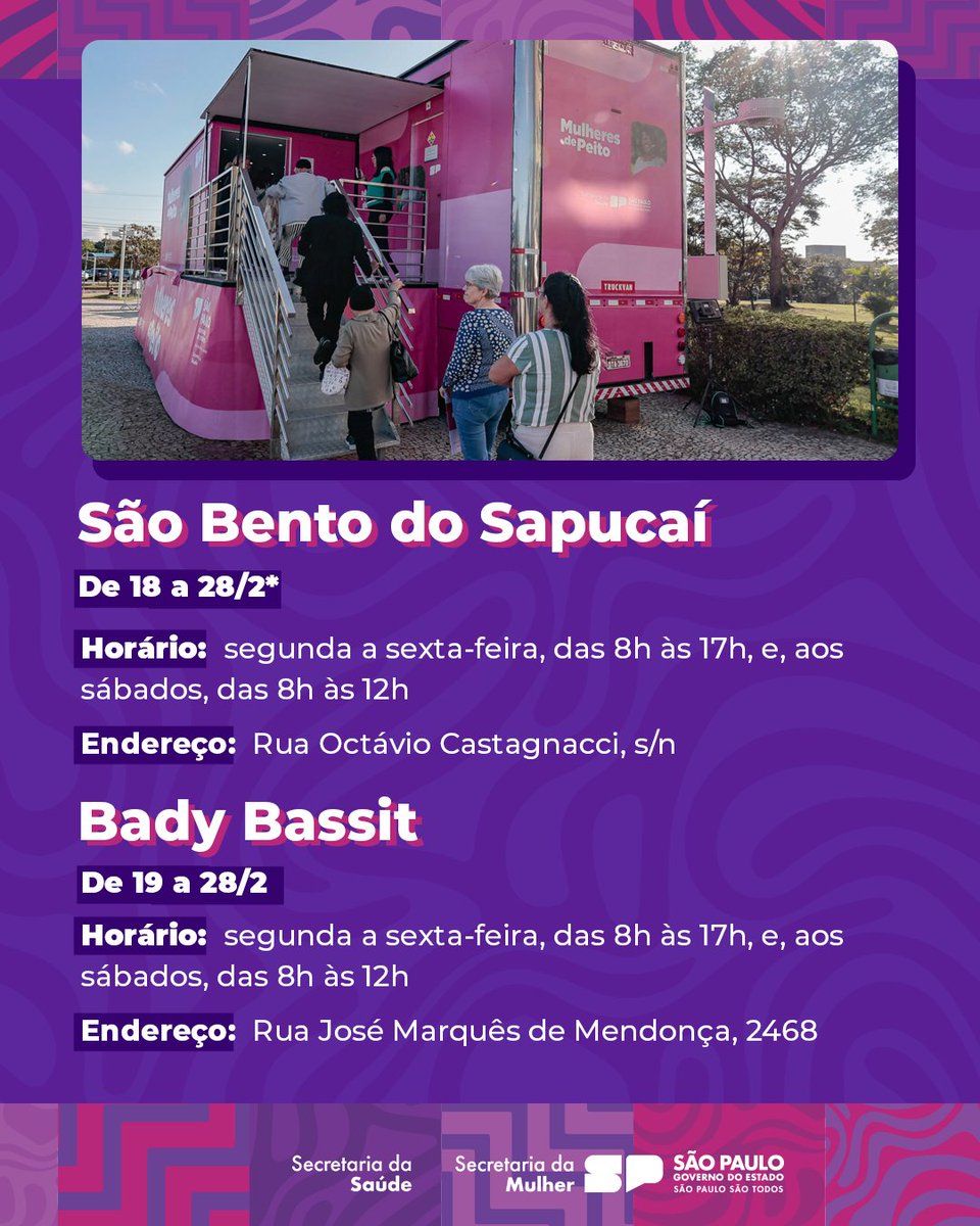Ainda dá tempo 💜
Até o fim de fevereiro, as Carretas de Mamografia seguem levando o exame gratuito para mulheres a partir de 35 anos.

📍 Confira a programação da última semana de fevereiro e veja quando a carreta estará mais perto de você.

Cuidar da saúde também é prioridade!