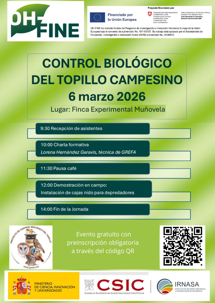 irnasa_csic's tweet photo. 📢¡Atención! Ampliado el plazo para la preinscripción hasta el miércoles 25 de febrero: https://t.co/Jj2H93ZHi3
🦉Jornada "Control biológico del topillo campesino" 🗓️6 de marzo
📍Finca Muñovela del #IRNASA-CSIC (Barbadillo, Salamanca)
#OHFINE #topillo #ControlBiológico https://t.co/i3qrsdoW1p