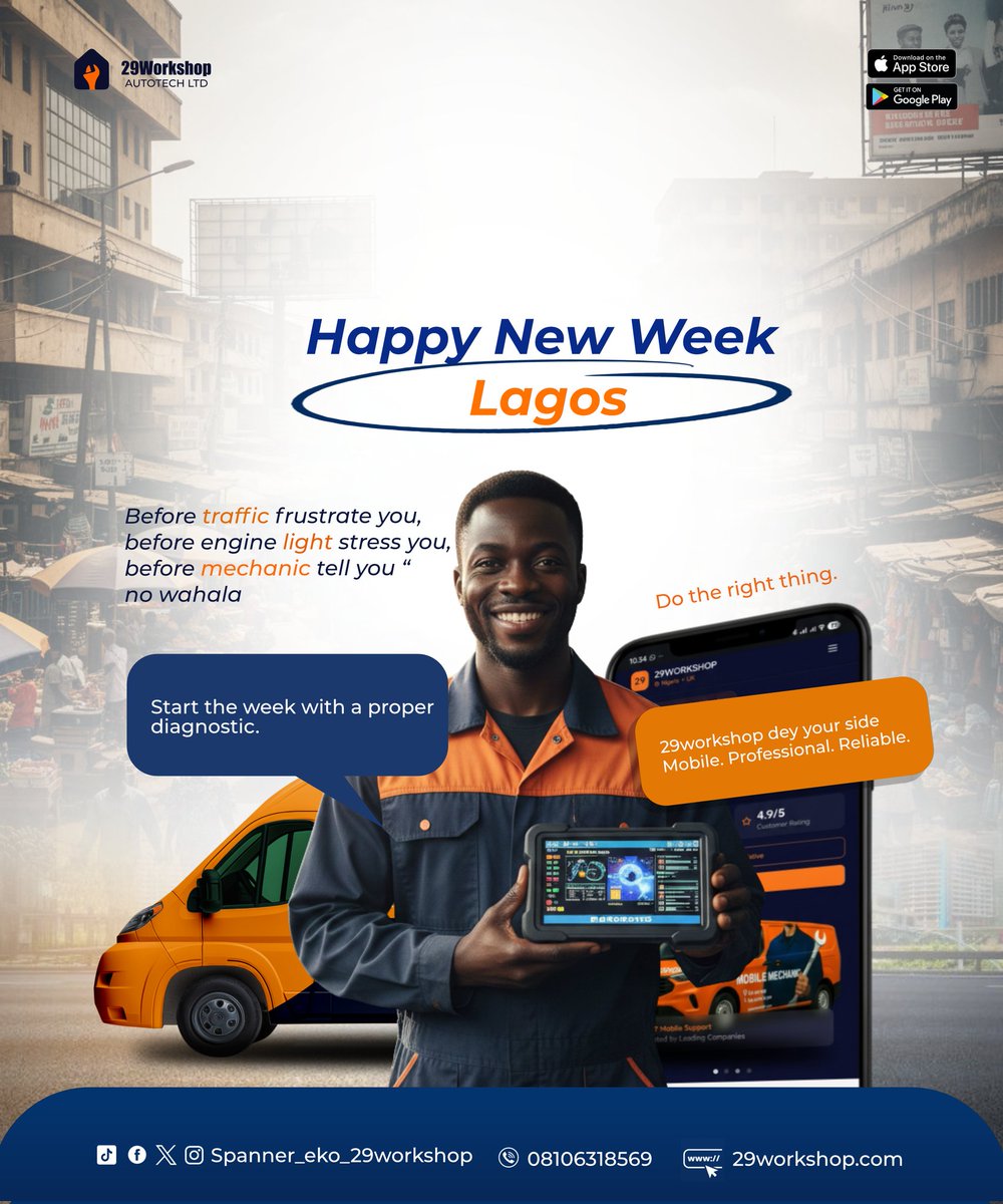 29Workshop's tweet photo. Happy New Week, Lagos. 
Before traffic frustrates you.
Before that engine light stresses you.
Before any mechanic says “no wahala”…
Do the right thing.
Start your week with a proper 
#29Workshop #NewWeekLagos #VehicleCare #CarDiagnostics #DriveSmart https://t.co/AMBGOXiil7