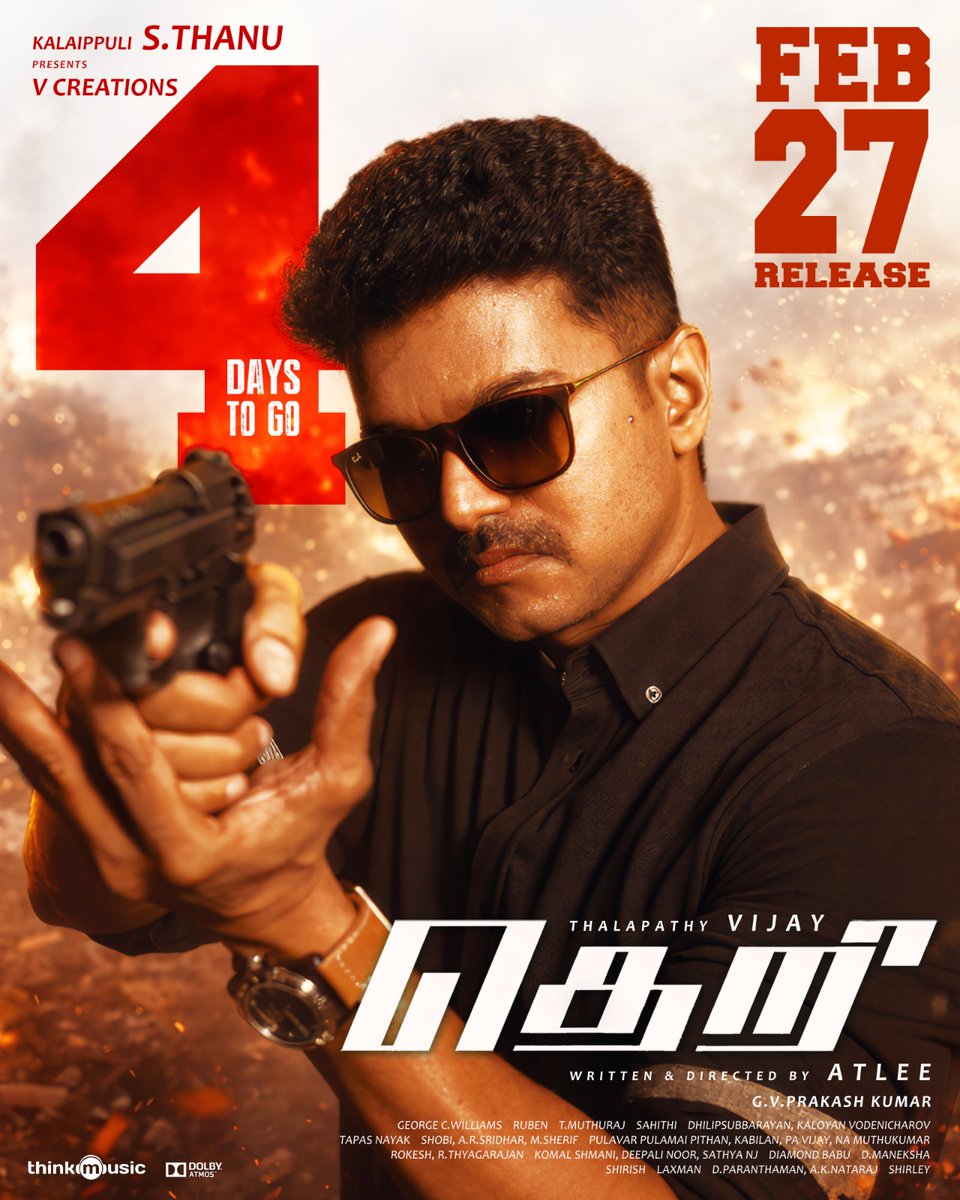theVcreations's tweet photo. "THERI" grand rerelease 🔥
4️⃣ Days to go!

Thalapathy @actorvijay @Atlee_dir @gvprakash @Samanthaprabhu2  @iamAmyJackson @george_dop #Ruban #ThalapathyVijay #Theri @thinkmusicindia @APIfilms @RIAZtheboss https://t.co/totZcS5hLD