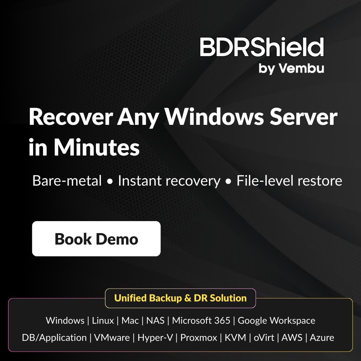 vembutech's tweet photo. Downtime is costly. Recover entire servers, disks, files, or applications in minutes with BDRShield’s Windows Server backup and recovery. 
 
https://t.co/HZJZFHI7V2 

#BDRShield #WindowsServer #ServerBackup #DisasterRecovery #DataProtection
#CyberResilience #BackupAndRecovery #ITInfrastructure #SysAdmin #RansomwareProtection #EnterpriseIT