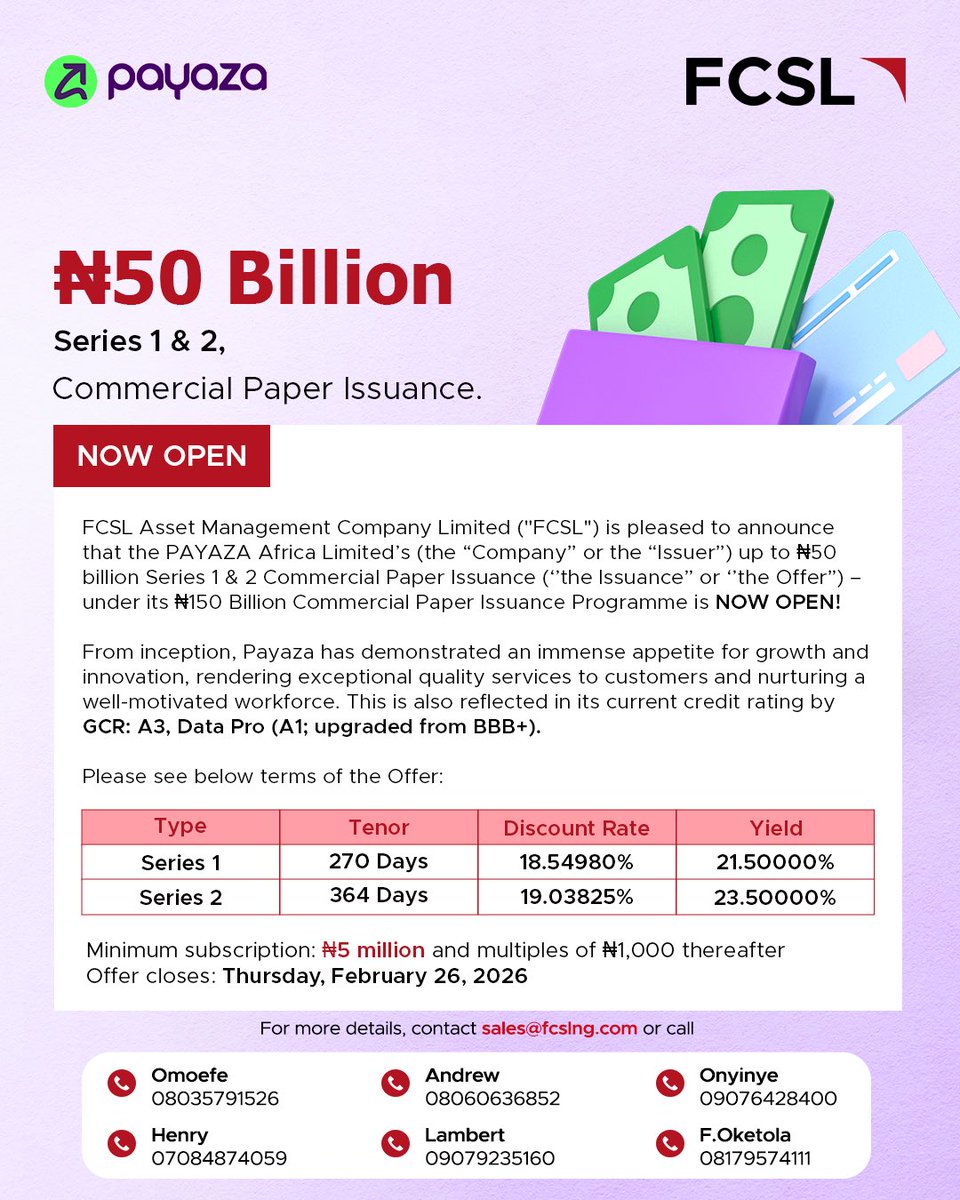 FCSLNG's tweet photo. We're excited to announce that Payaza Africa Limited's Commercial Paper of up to ₦50 Billion is now open for subscription! Payaza is a certified MasterCard and VISA partner operating across 19 countries, offering seamless payment solutions with a strong credit rating (A3 by GCR | A1 by Data Pro, upgraded from BBB+).
The issuance closes on Thursday, February 26th, 2026. With over ₦70 billion raised across 6 successful series and ₦32.53 billion fully repaid, Payaza offers a proven track record of timely repayment. Interested investors should send an email to sales@fcslng.com for more details.
#PayazaCP #InvestmentOpportunity #CommercialPaper #NigeriaInvestments #FintechAfrica
