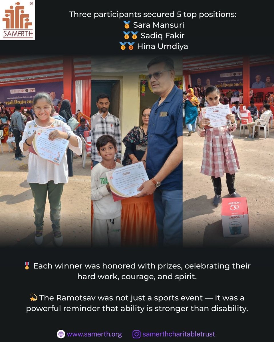 🌟Proud moments at the 26th Divyang Nagar Ramotsav 2026, Ahmedabad! Over 6,000 participants celebrated inclusive sports &amp; equal opportunity. 
🥇 Sara Mansuri
🥇🥇 Sadiq Fakir
🥇🥉 Hina Umdiya
Your achievements inspire us all! 💫
#Inclusion #InclusiveSports #AbilityNotDisability