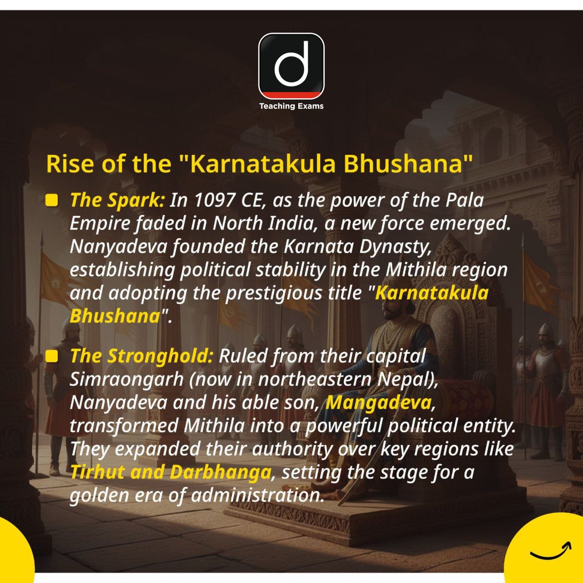 Drishtiteaching's tweet photo. From the rise of Nanyadeva to exile in Nepal, the Karnata dynasty shaped Mithila’s politics, diplomacy, and cultural legacy for centuries.

#KarnataDynasty #MithilaHistory #MedievalIndia #IndianHistory #Simraongarh #Nanyadeva #HariSingh #Taleju #DynastyRiseAndFall #HistoryUncovered