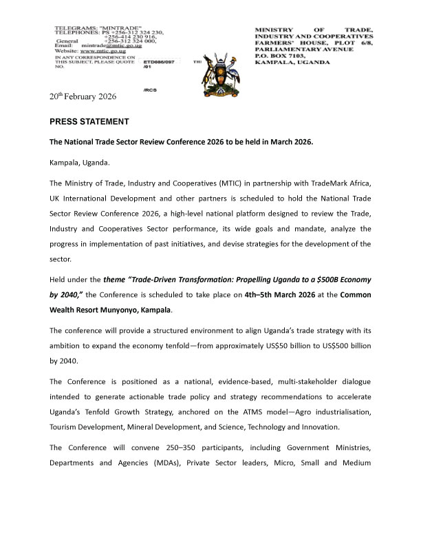 mtic_uganda's tweet photo. Registration has been opened for The 2026 National Trade Review Conference, hosted by @mtic_uganda, supported by @TradeMarkAfrica &amp; UK International Development. 

Register here: https://t.co/tHyzakUhnZ

@URAuganda @UNBSug  @ufzepa  @UIRI_UG @udc_uganda 

#UgTradeReview26 https://t.co/ilAcWLU9H7