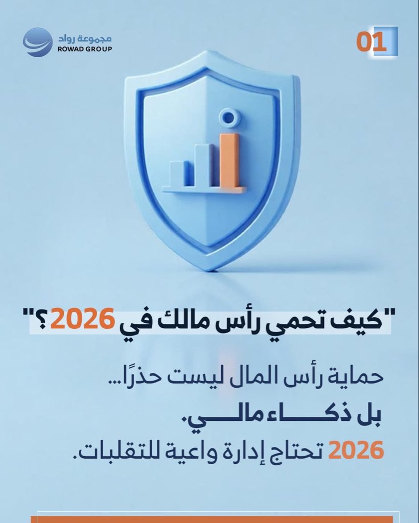 rowad4t's tweet photo. في عام 2026، لم يعد تعظيم العائد هو الأولوية المطلقة، بل أصبح الحفاظ على رأس المال ضرورة استراتيجية.

تشهد الأسواق تقلبات متسارعة وضغوطًا تشغيلية ومالية متزايدة، ما يفرض على المؤسسات تبنّي نهج أكثر انضباطًا في إدارة السيولة، وتنويع الاستثمارات، وضبط التكاليف، وبناء خطط طوارئ واضحة.

الاستدامة في هذه المرحلة لا تتحقق بالتوسع السريع، بل بالإدارة المتزنة والقرارات المبنية على التحليل.

مجموعة رواد
نساعدكم على حماية رأس المال ضمن رؤية استراتيجية مسؤولة ومستدامة.