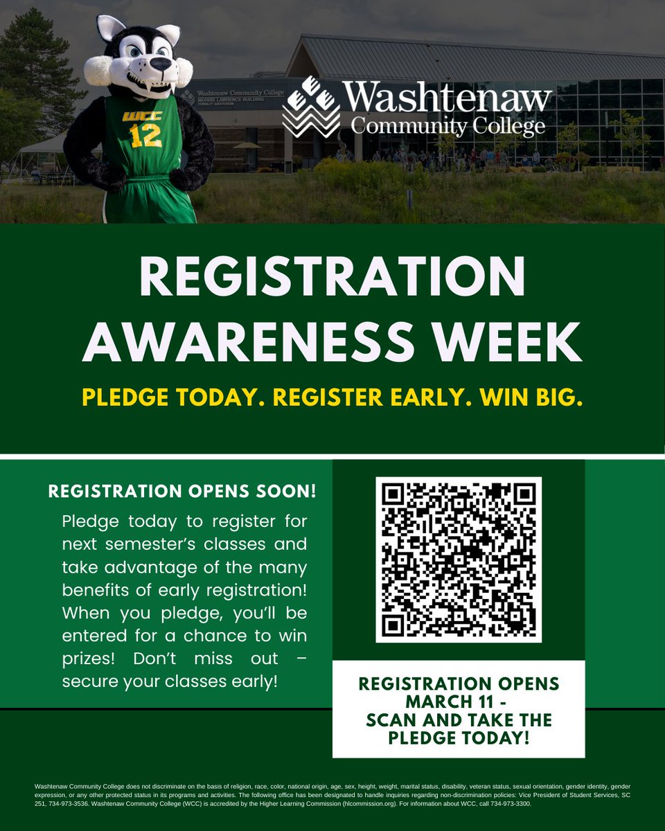 Registration Awareness Week (Feb 23–26) 🎉
 
Registration opens March 11! 📚
Pledge today to register early &amp; you’ll be entered for a chance to win prizes 🎁
 
Secure your classes early , take the pledge today!
Use this link to apply: tinyurl.com/RegistrationPl…

#WCC #RegisterEarly