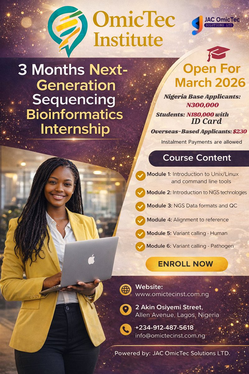 OmicTec_Inst's tweet photo. 🚀 Cohort 2 is Here! – Next-Generation Sequencing (NGS) Bioinformatics Training
We are excited to announce the launch of Cohort 2 of our intensive 3-Month Next-Generation Sequencing (NGS) Bioinformatics Training, commencing March 19, 2026. https://t.co/Qs8FBsviqI