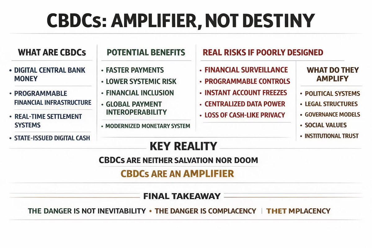 SystemObserver1's tweet photo. Central Bank Digital Currencies (CBDCs), if poorly designed or abused, could enable unprecedented financial surveillance &amp; control over citizens. CBDCs are neither salvation nor doom. They are an amplifier. They amplify whatever political, legal, &amp; moral framework already exists https://t.co/5cW9G4F38m