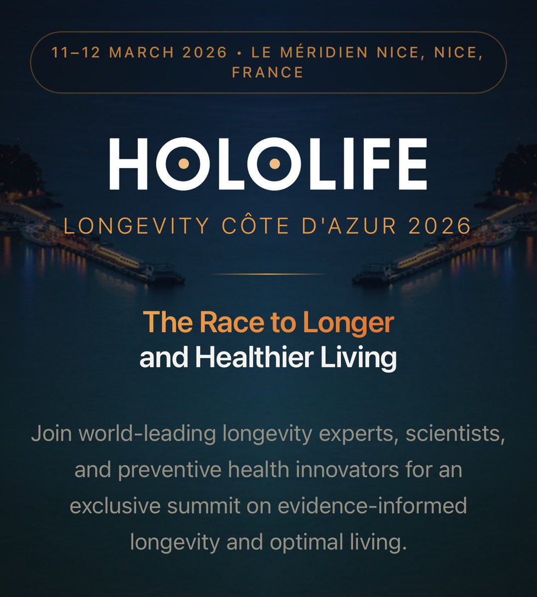 HOLOLIFE Longevity Côte d'Azur 2026. March 11–12, Nice, France, features three tracks: Longevity Lifestyle, Performance &amp; Recovery, and Preventive Health.

Speakers: Teemu Arina, Siim Land (4th slowest ager globally), Dr. Harry F. König, Dr. Axel Bouchon.

longevitymc.hololifesummit.com