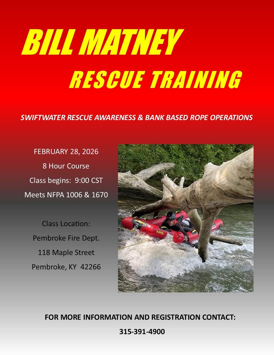 FirePembroke's tweet photo. This is a friendly reminder to register for the upcoming Swiftwater Rescue Awareness and Bank-Based Rope Operations training session, scheduled for this Saturday at 9:00 AM at our fire station. #pembrokefire https://t.co/aZ9hbpmIJB