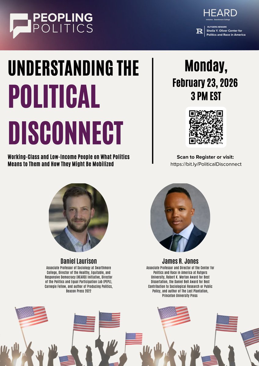 Daniel_Laurison's tweet photo. Today, 2/23, 3pm Eastern: a Zoom talk about The Political Disconnect - the distance between what politics should do and how everyday people experience it.
When we asked Lala what she thinks of when she hears the word "politics" she said "a disconnection."
https://t.co/XFHKbGNohZ https://t.co/fWL9kLvoGT