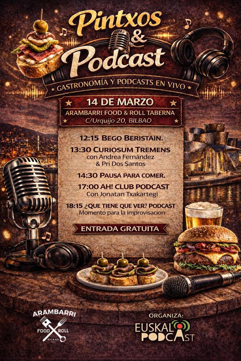 Ojo, que el 14 de marzo hay evento de podcast en Bilbao con 4 directos. ¡un día lleno pintxos y podcasting!