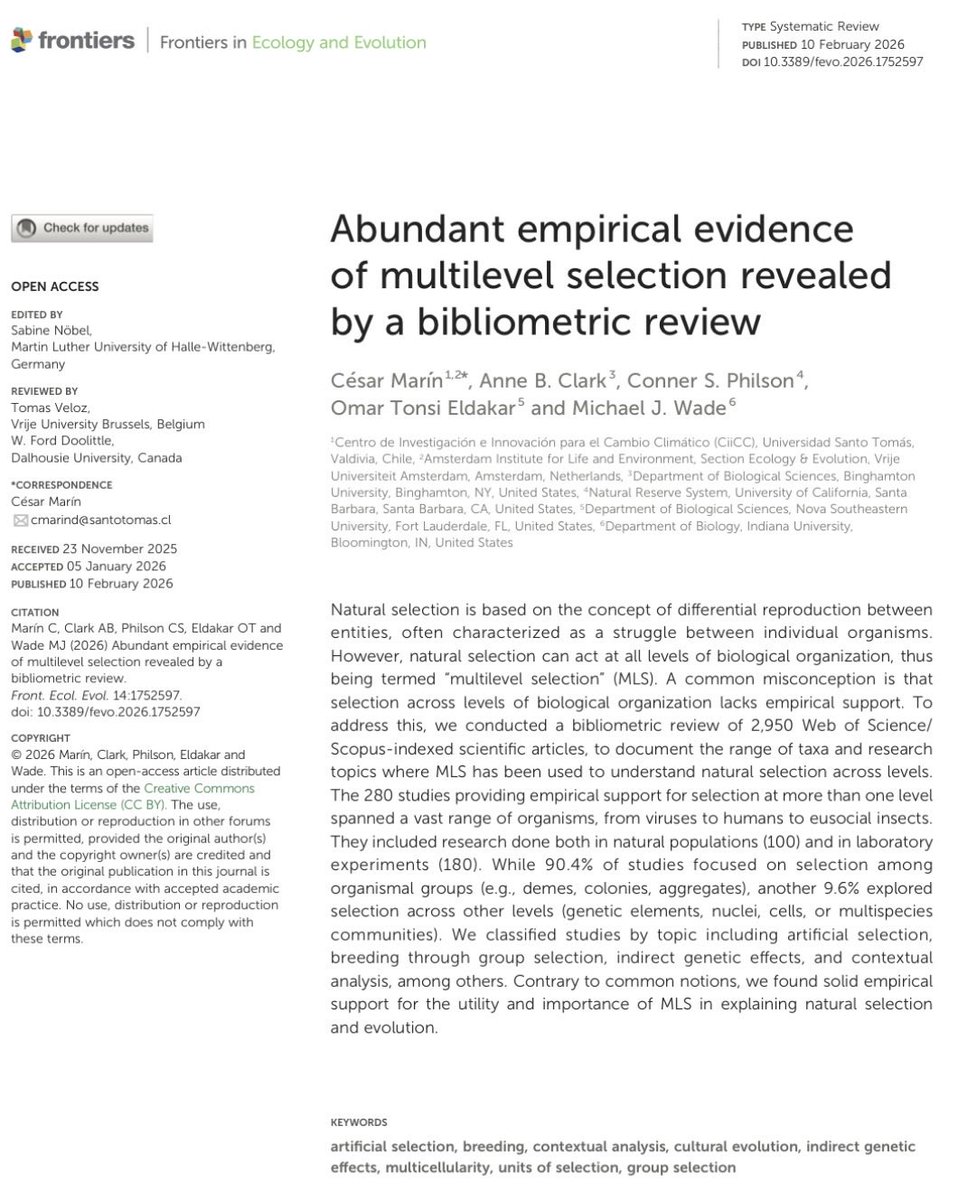 cesarmarin203's tweet image. Check my explainer blog post on @physorg_com about our @FrontiersIn @FrontEcolEvol systematic review:

“Natural selection can work at many levels, from molecules to ecosystems”.

#Evolution #biology #ecology @ProSocialWorld 

#holobiont #cooperation 

phys.org/news/2026-02-n…