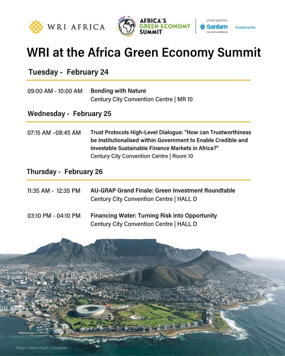 WRIafrica's tweet photo. Africa's Green Economy Summit kicks off tomorrow in Cape Town 🇿🇦
Throughout the week, our experts will be at the following sessions talking everything nature and urban finance. Follow along for updates, and learn more about our work: https://t.co/3ibw6cclf8
#AGES2026 https://t.co/wCnvSdLpQd