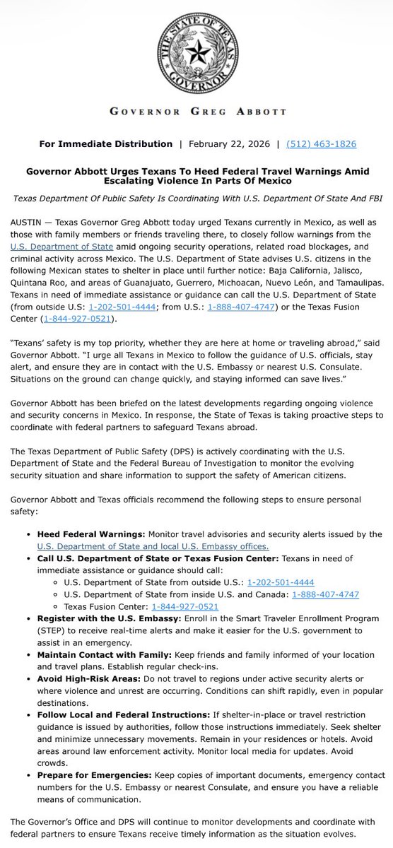 I remain in contact with the Texas DPS on the latest developments regarding drug cartel violence and security concerns in Mexico. We are closely coordinating with <a href="/StateDept/">Department of State</a> and <a href="/FBI/">FBI</a> as this situation unfolds.

I urge all Texans in Mexico to follow guidance of U.S. officials and