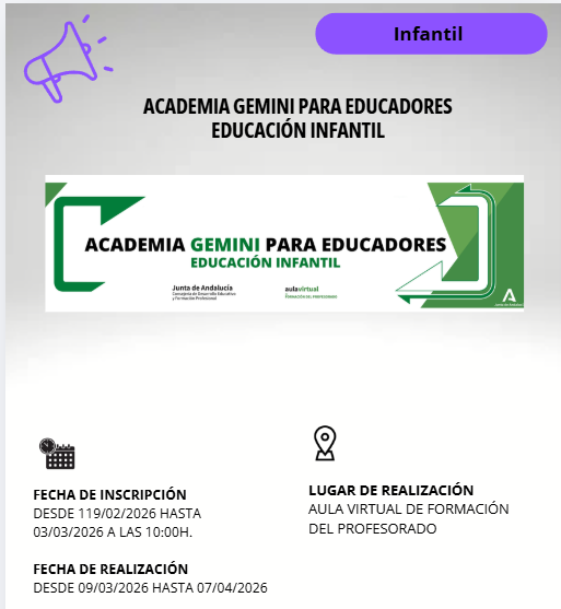 ramirololy's tweet photo. 📍INSCRIPCIÓN ABIERTA @cepdegranada 
▶️ACADEMIA GEMINI PARA EDUCADORES - NIVEL EDUCACIÓN INFANTIL
https://t.co/t55ONmNIEO
📌 Ámbito provincial. Curso a distancia.
🗓️ Desde el 09/03/2026 hasta 07/04/2026.
📎Inscripción: Del 19/02/2026 al 03/03/2026. https://t.co/8R1HvGQwD2