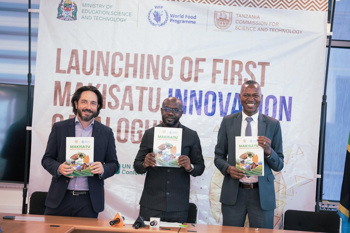 WFP_Tanzania's tweet photo. WFP & @costechTANZANIA today launched the #MAKISATU Catalogue at the UN House, spotlighting agricultural innovators supported through WFP funding and COSTECH mentorship.
The launch was officiated by Deputy PS for Education, Hussein Mohamed Omar, and WFP CD, Ronald Tran Ba Huy. https://t.co/RUdm9gznT5