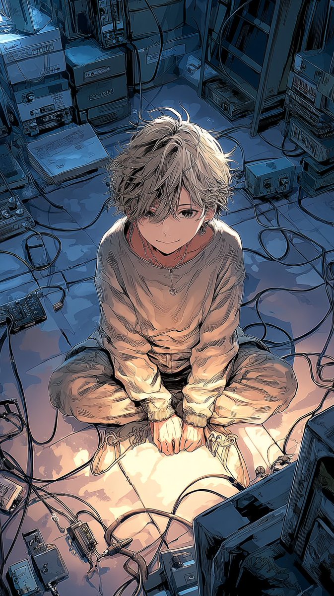 kanato_divinity's tweet photo. 配線だらけの床に座って、
一���の光を見つめている夜。
混乱の中でも、
進む理由はちゃんと残っている。

#Kanato #VTuber #イラスト #夜 #静寂 https://t.co/M52VbznuTE