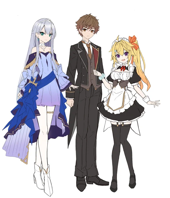 ヒロインのイリス(右)とシェリル(左)、そして主人公のリオン。 挿絵を担当した新作ラノベのキャラデザです。
