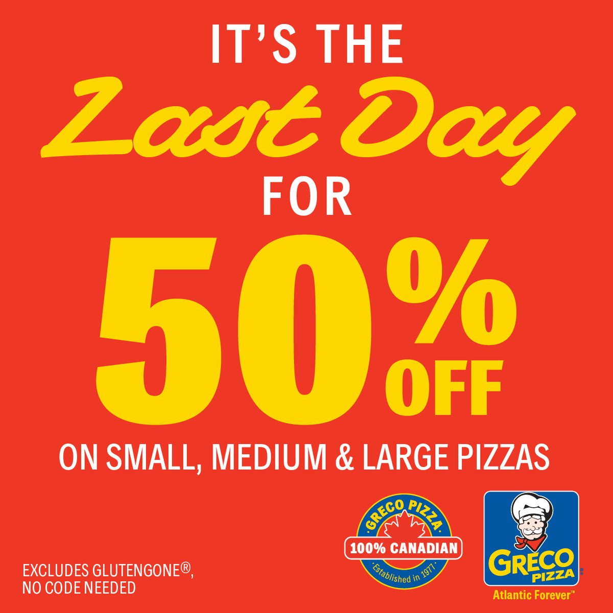 🚨 FINAL CALL! 50% Off Monday ends TODAY at Greco! 🍕🔥 
This is your last chance to grab half-price favorites and savor the savings. 
Don’t wait — order online at Greco.ca or call 310.30.30 now! 😍