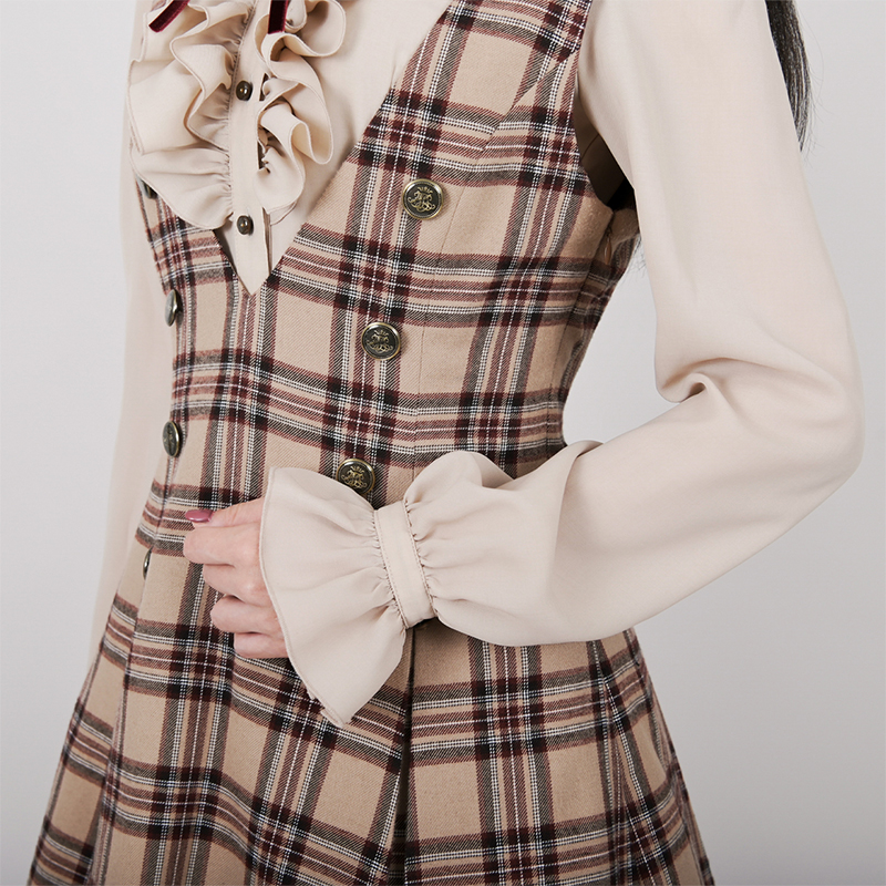 pick up】ボックスプリーツワンピース (チェック柄) キャメル 大人