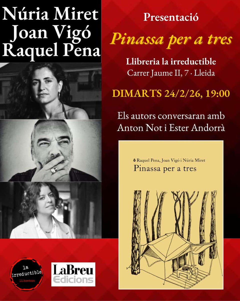 LaBreuEdicions's tweet photo. amics, us anunciem els actes de #llibreslabreu de la setmana:

Dimarts 24, a les 19 h, presentació PINASSA PER A TRES de Raquel Pena, @mafia_mental_  i @NuMiret en conversa amb @anton_not i @estordida 
a @lairreductible1 de Lleida

#pinassaperatres #narrativeslabreu #cicuta https://t.co/iNuYxyW4VA