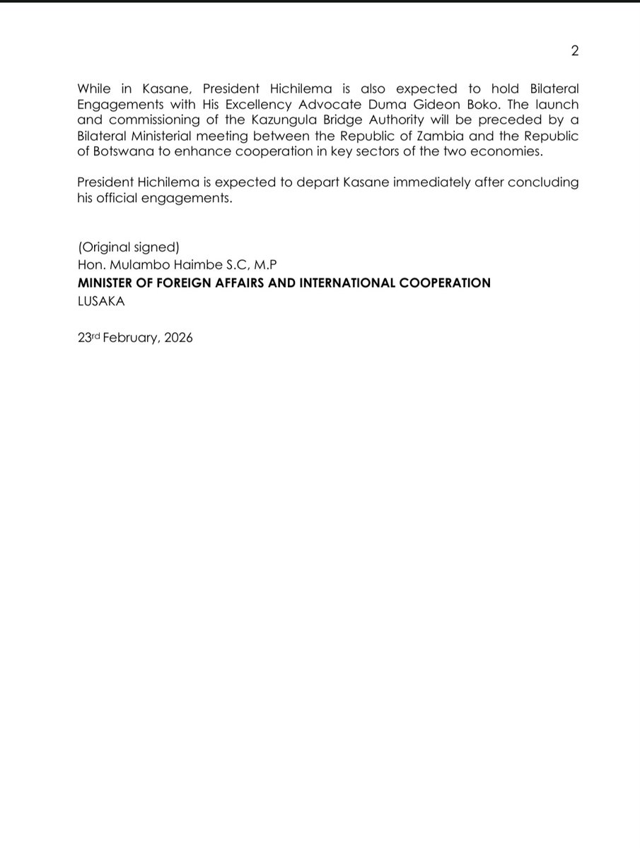 ZambiaMFAIC's tweet photo. PRESIDENT HICHILEMA AND PRESIDENT BOKO TO LAUNCH AND COMMISSION THE KAZUNGULA BRIDGE AUTHORITY TOMORROW 24TH FEBRUARY, 2026 IN KASANE, BOTSWANA.
#ForeignAffairs
#BilateralRelation
#EconomicDiplomacy https://t.co/hmWGSrM8OX