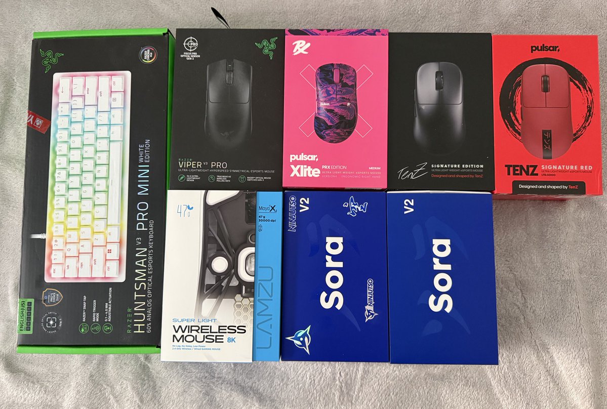 - Huntsman V3 Pro Mini (USA Layout)
- Viper V3 Pro
- Pulsar Xlite V4 Medium
- Pulsar Tenz Signature Edition 
- Pulsar Tenz Signature Red
- Lamzu Maya 8K
- Ninjutso Sora V2 Blanco
- Ninjutso Sora V2 Negro (con dongle 8K)

interesadxs dm !!!