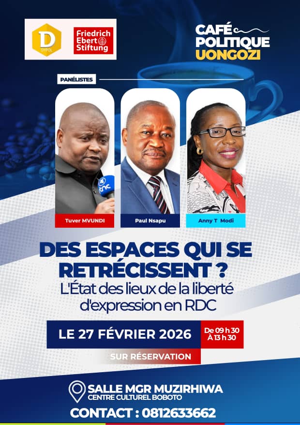 congo.fes.de/uongozi-1.html  le café politique Uongozi vous invite à un échange citoyen  ce vendredi 27 février au centre culturel boboto.
 Les personnes intéressées sont priées de pré - enregistrer leur participation via le lien ci - haut. 
<a href="/MONUSCO/">MONUSCO</a> <a href="/Dypolrdc/">DYPOL RDC</a> <a href="/cepas_/">CEPAS</a>