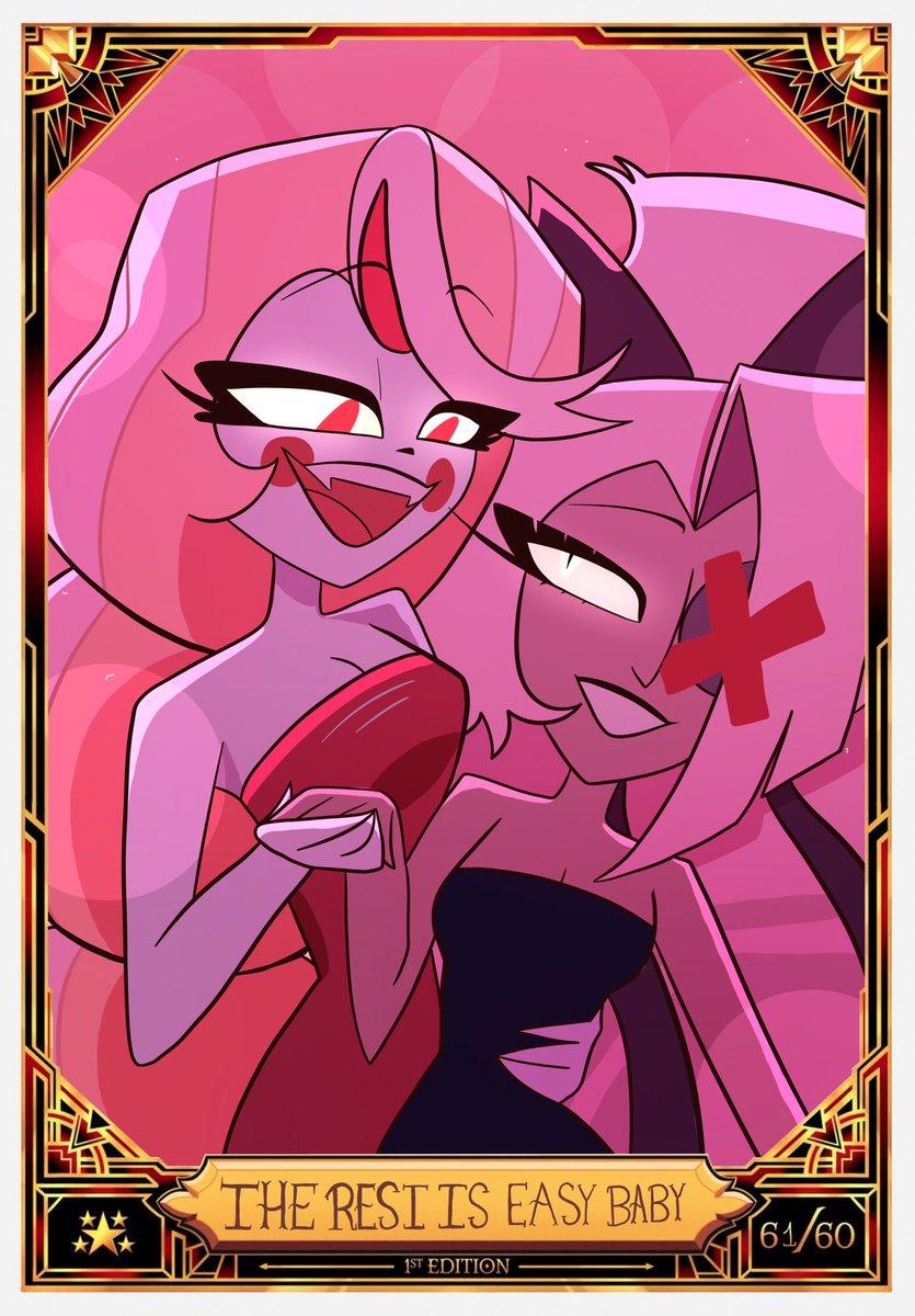 So long i wanted to draw an EASY card, i love these two SO MUCHHH🎀🌈
(card drawn by me and found the card template te on pinterest :))

#hazbinhotel #chaggie #Vaggi #CharlieMorningstar #easy #hazbinhotelcard