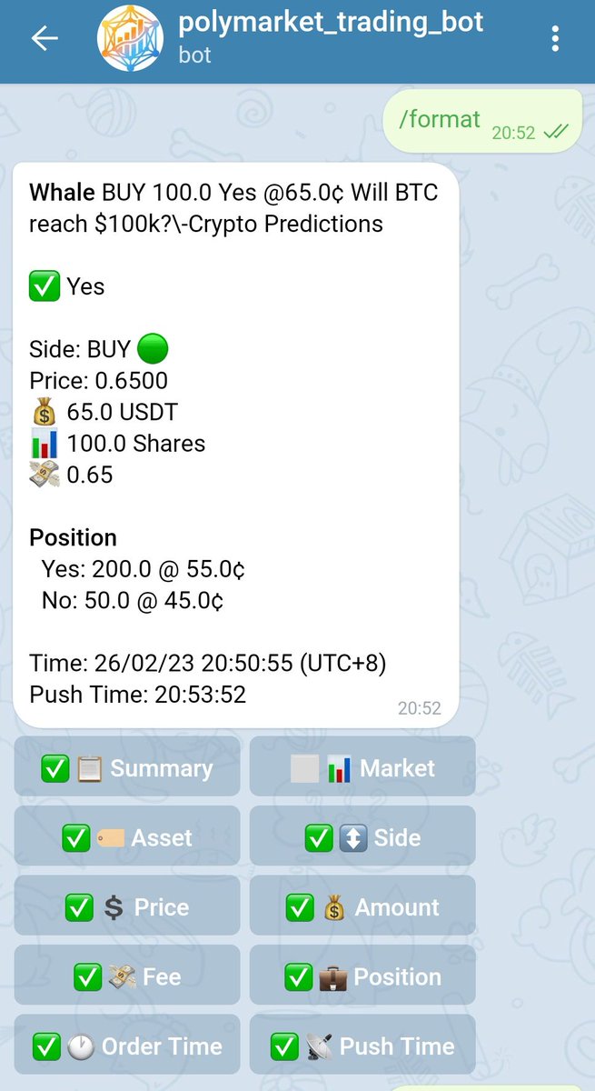 0xdizz's tweet photo. 添加了一些更友好的格式化选项，附加 position 信息
@predictscandev 
预测市场订单通知
👇
https://t.co/TLTZ668xB3
https://t.co/4gPE5w7Hrw https://t.co/sTHTX7DNTN