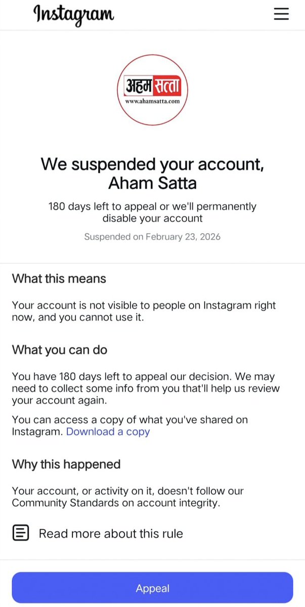 SocialPardeep's tweet photo. Subject: Request for Review of Suspended Account – Aham Satta 

Respected Instagram Review Team,
Instagram account titled Aham Satta, which has been suspended on 23 February 2026 under Account Integrity concerns.
@Instragram23272 https://t.co/yBmFi9Gi0l