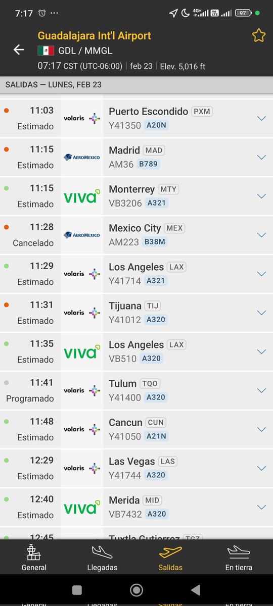 Si hoy tiene vuelo desde k para Guadalajara, le comento que las cancelaciones continúan.
Le recomiendo aplicaciones como <a href="/flightradar24/">Flightradar24</a> dónde puede monitorearlos, no se crea lo que dicen las autoridades de que todo está normal!