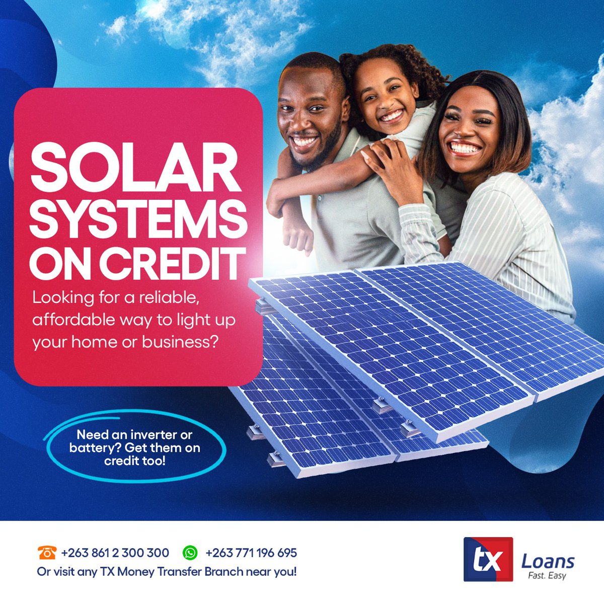 Don’t wait for the grid. Switch to TX Loans and keep your lights, Wi-Fi, and fridge running 24/7. Own the system while you pay for it.

📞 Get Connected Today:
Call: +263 861 2 300 300
WhatsApp: +263 77 119 6695

Visit: Any TX Money Transfer branch near you!

#TXLoans