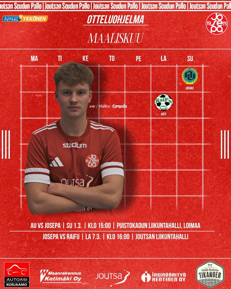 Vielä kaksi peliä kautta jäljellä! 🔴⚽

Vierasreissu tehdään Loimaalle AU:n vieraaksi. Kausi päätetään kotipelillä RaiFua vastaan. 🔥👊🏻

#futsalfi #joutsa