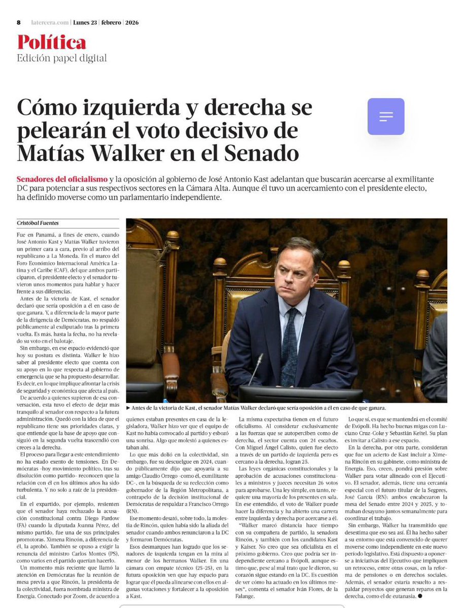 Mi voto en el <a href="/Senado_Chile/">Senado Chile</a>? Será siempre en función de los intereses superiores de Chile, tal como ocurrió en este período con reforma de pensiones, salario mínimo, ley de adopción, reforma a las SADP, olvido oncológico, SBAP, agenda de seguridad y tantas otras. Comparto nota de